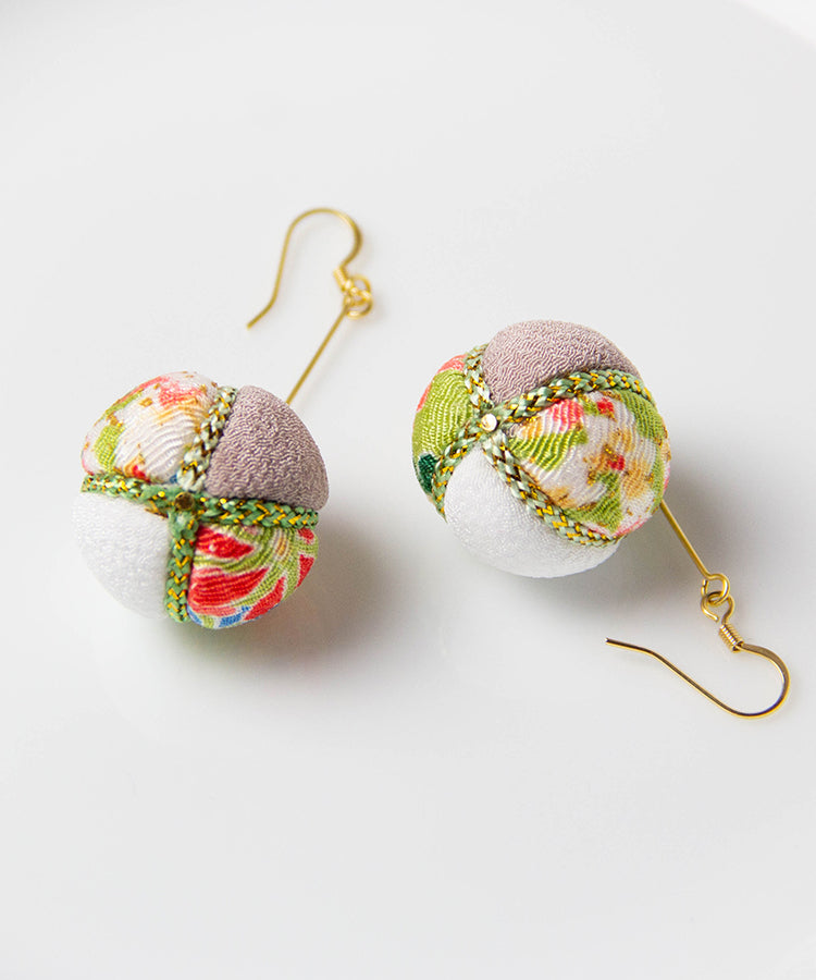 Black Temari Chirimen Japanese Earrings / High Quality Surgical Steel Hook Earrings