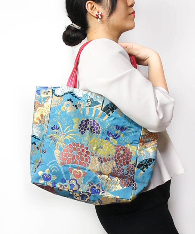 Blue Base Floral Japanese Tote Bag / Vintage Kimono Obi Bag