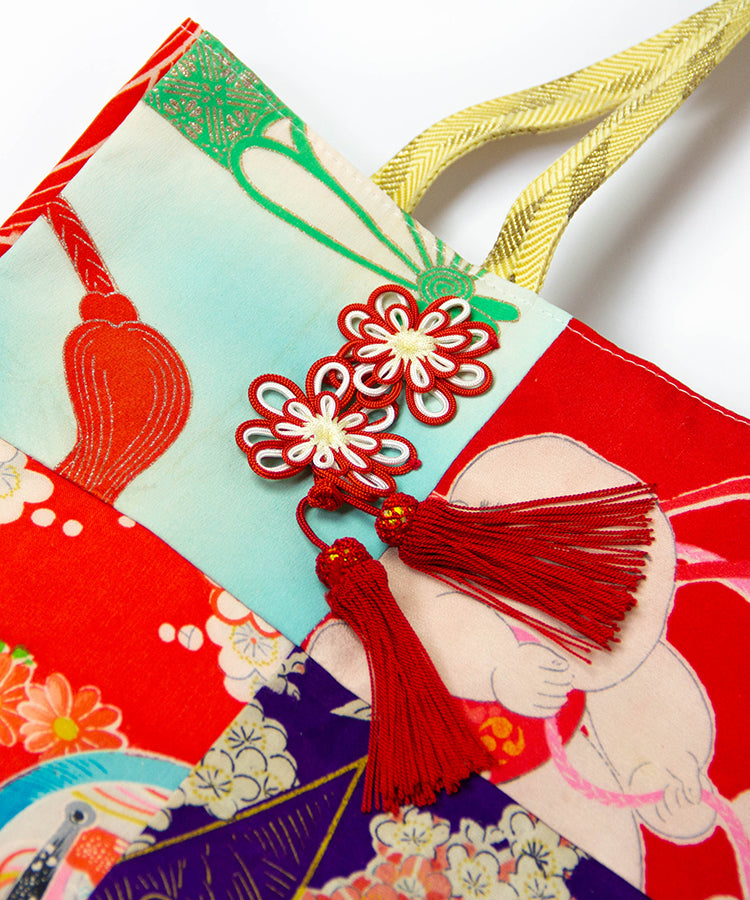 Vintage Kimono Patch Work Tote Bag with Tassel / Red Japanese Tote Bag