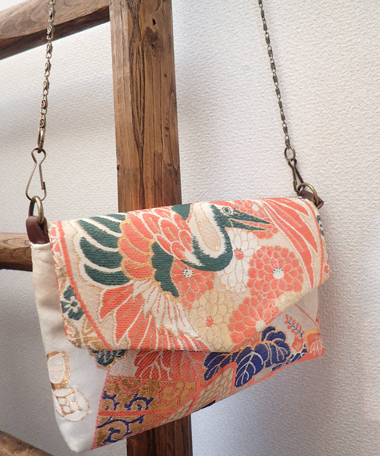 Vintage Kimono Obi Detachable Crossbody Bag / Orange & Green Bird Japanese Shoulder Bag
