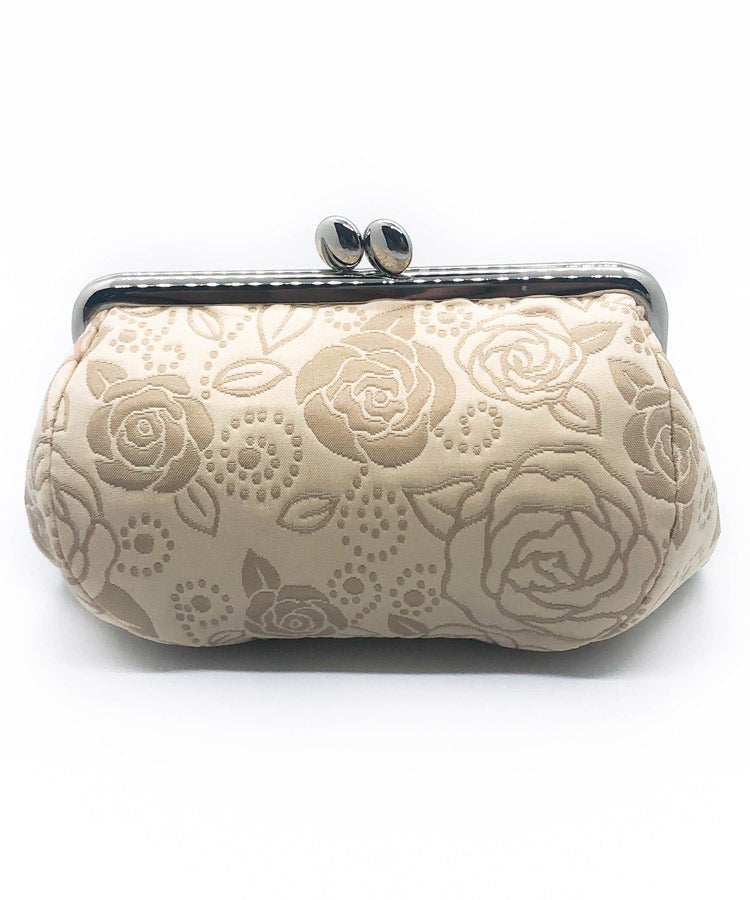 Light Beige Pink Rose Weaved Metal Kiss Lock Purse / Gamaguchi Japanese Bags