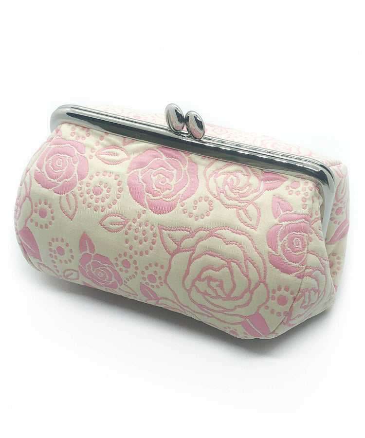 Light Beige Base with Blue Rose Weaved Metal Kiss Lock Purse / Gamaguchi Japanese Bags