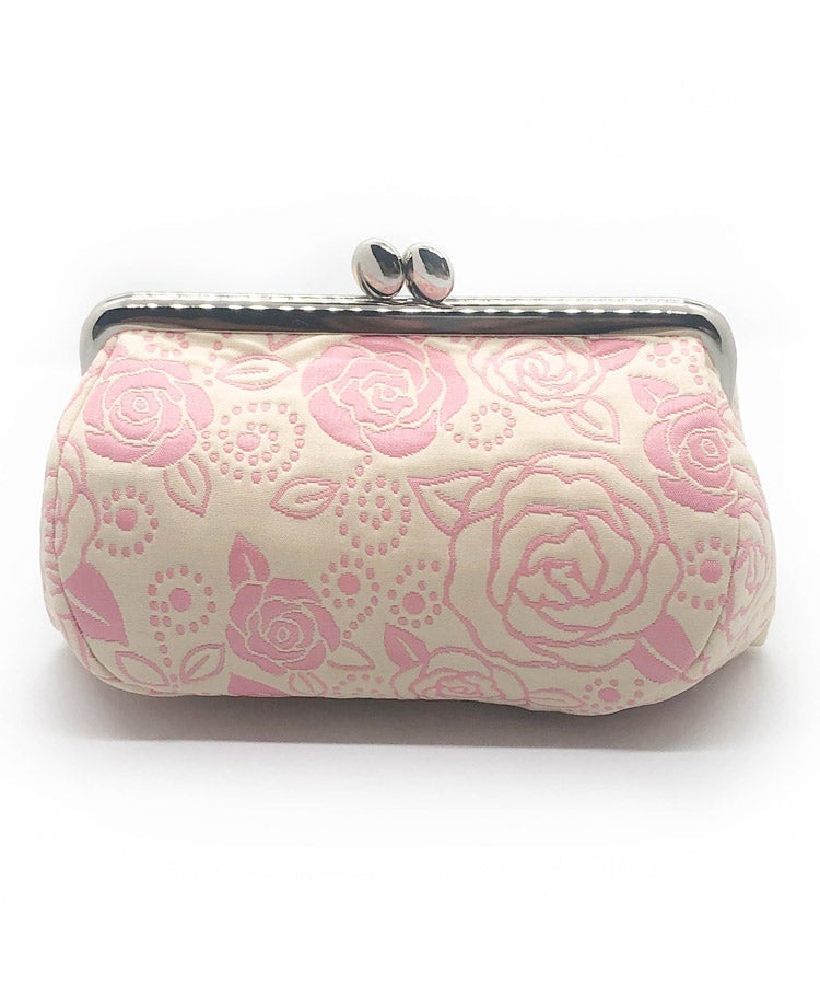 Light Beige Pink Rose Weaved Metal Kiss Lock Purse / Gamaguchi Japanese Bags