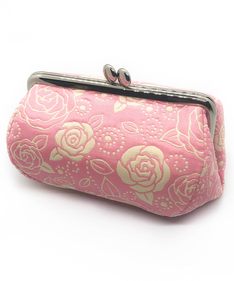 Light Beige Base with Blue Rose Weaved Metal Kiss Lock Purse / Gamaguchi Japanese Bags