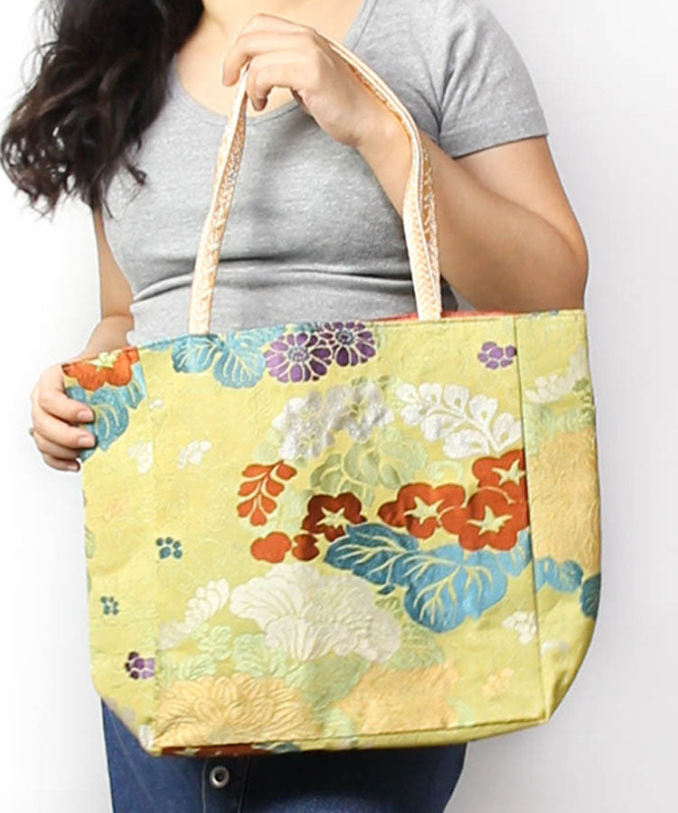 Yellow Green Base Japanese Tote Bag  / Vintage Kimono Obi Bag