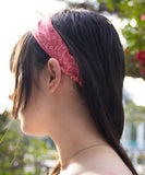 Pink Plum Blossom Print Cotton Japanese Headband, Side Detail 