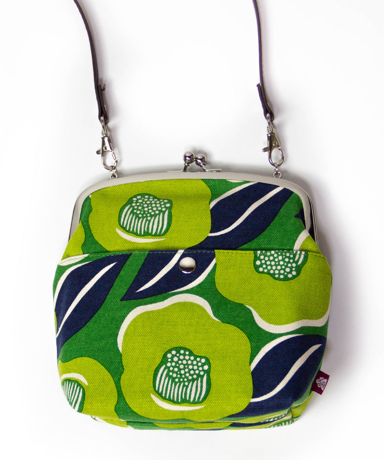 Green Camellia Shoulder Clasp Bag And Detachable Strap / Gamaguchi Japanese Shoulder Bag