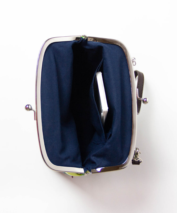 Green Camellia Shoulder Clasp Bag and Detachable Strap / Gamaguchi Japanese Shoulder Bag