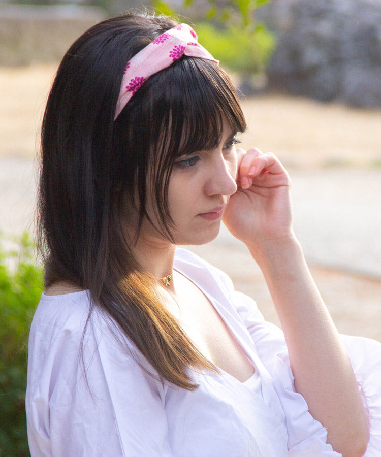Pink Kiku Japanese Fabric Headband / Chrysanthemum Cotton Fabric Headband