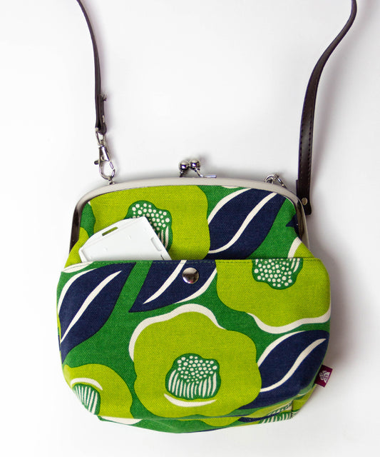 Green Camellia Shoulder Clasp Bag and Detachable Strap / Gamaguchi Japanese Shoulder Bag