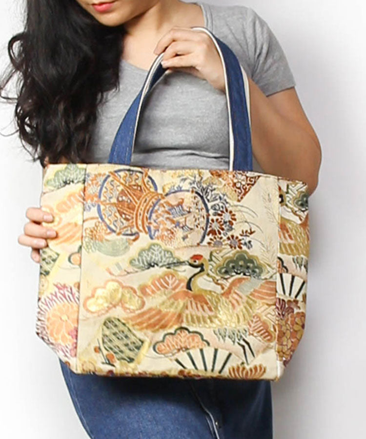 Japanese Tote Bag / Orange Bird Vintage Kimono Obi Bag