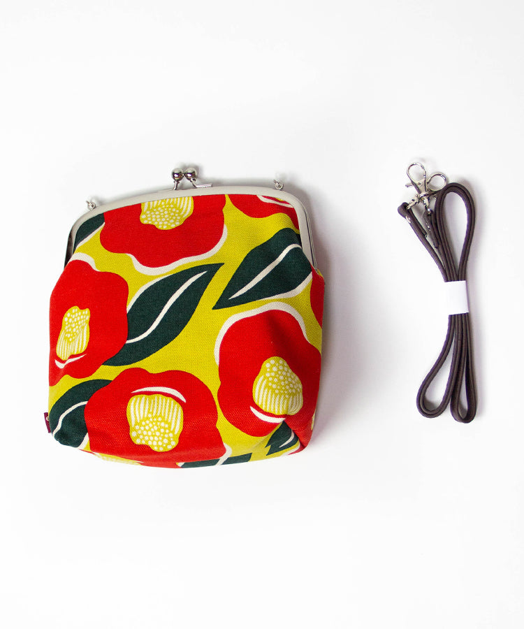 Green Camellia Shoulder Clasp Bag and Detachable Strap / Gamaguchi Japanese Shoulder Bag