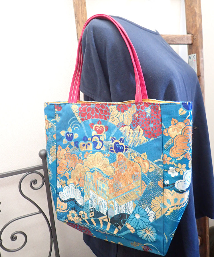 Blue Base Floral Japanese Tote Bag  / Vintage Kimono Obi Bag