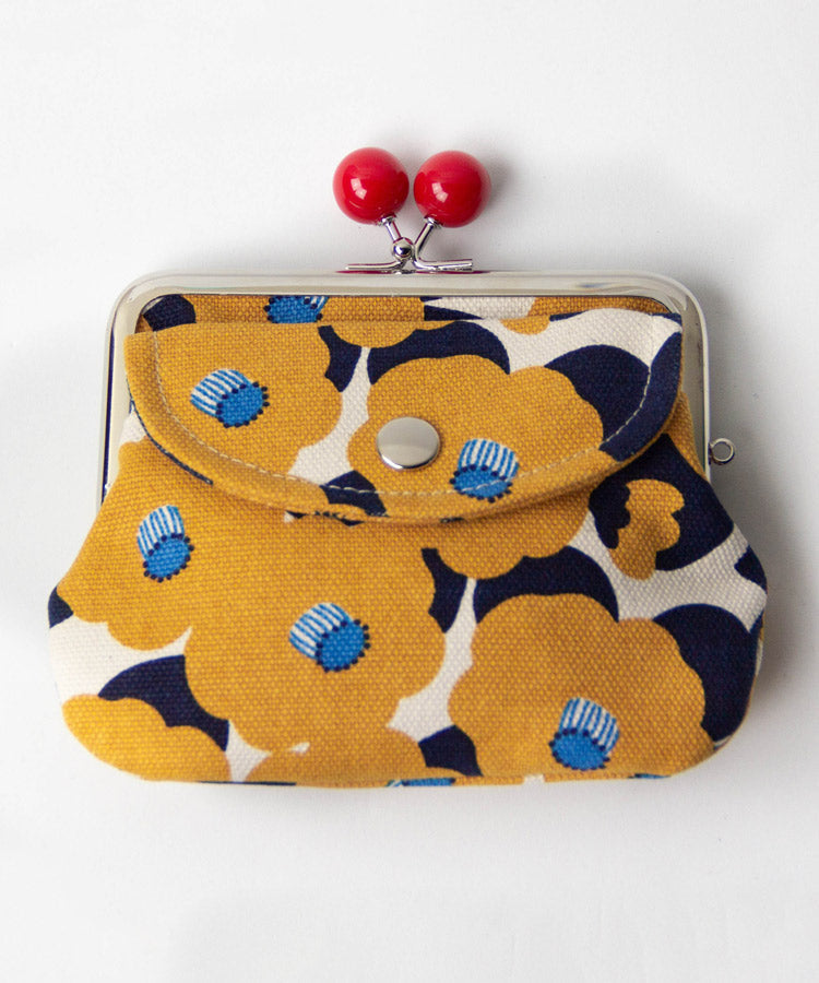 Yellow Camellia Double Clasp Coin Purse / Gamaguchi Japanese Coin Purse