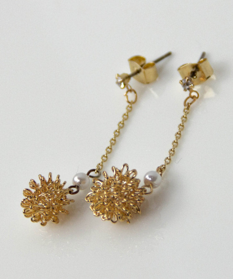 Chrysanthemum Drop Japanese Earrings With Pearl Beads
