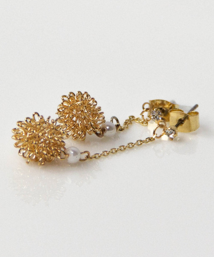 Chrysanthemum Drop Japanese Earrings With Pearl Beads
