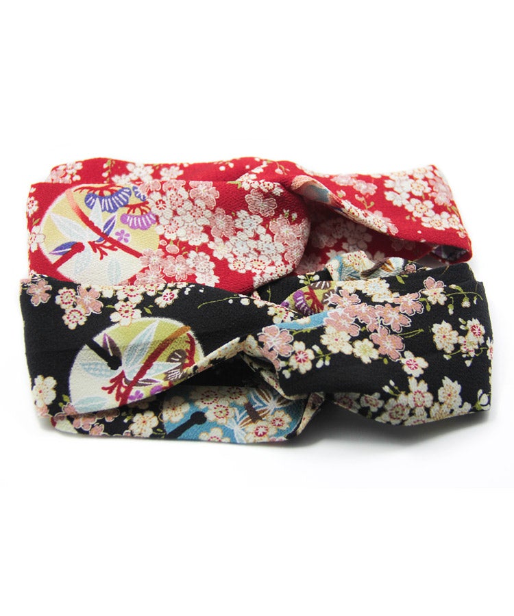 Black Cherry Blossom Japanese Headband, Black, Red, Front side