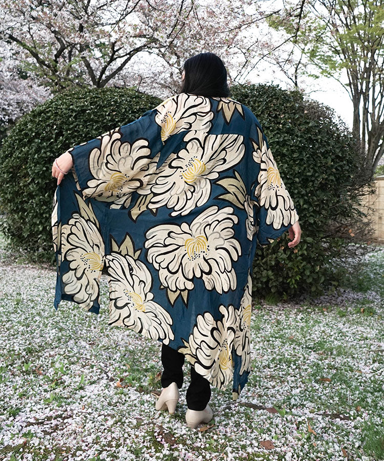 Sun Protection Long Cardigan  / Blue Green Peony Boho Kimono Cardigan