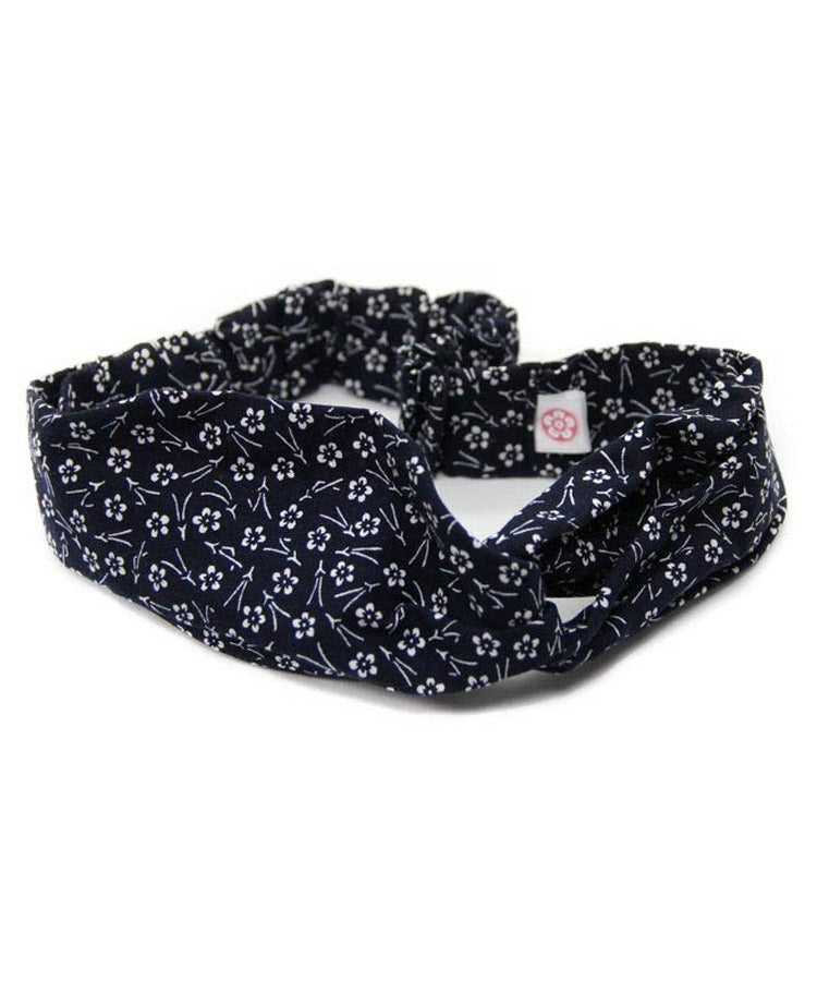 Indigo Blue Plum Blossom Print Cotton Japanese Headband