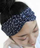 Indigo Blue Plum Blossom Print Cotton Japanese Headband, Close-up