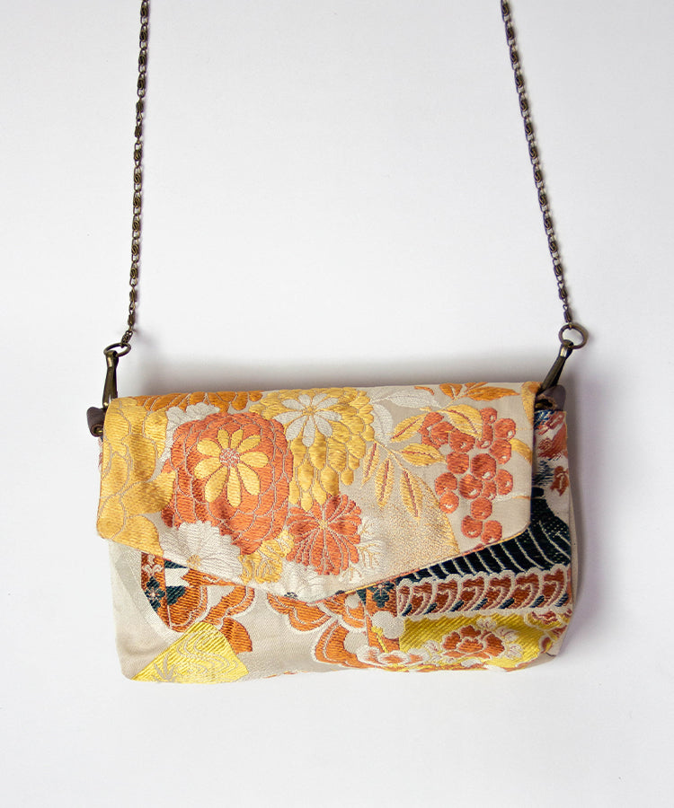 Yellow & Orange Vintage Kimono Obi Detachable Crossbody Bag / Floral Japanese Shoulder Bag