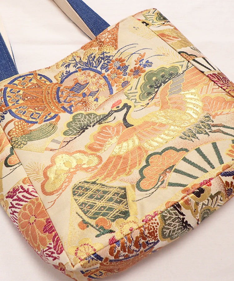 Japanese Tote Bag  / Orange Bird Vintage Kimono Obi Bag