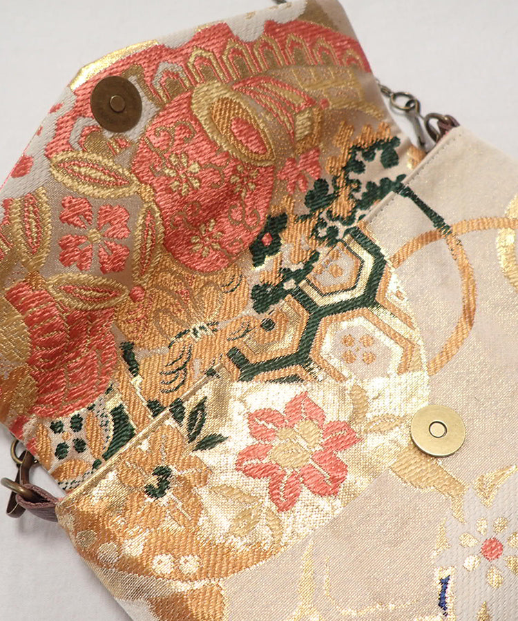 Beige Base Vintage Kimono Obi Detachable Crossbody Bag / White Bird Japanese Shoulder Bag