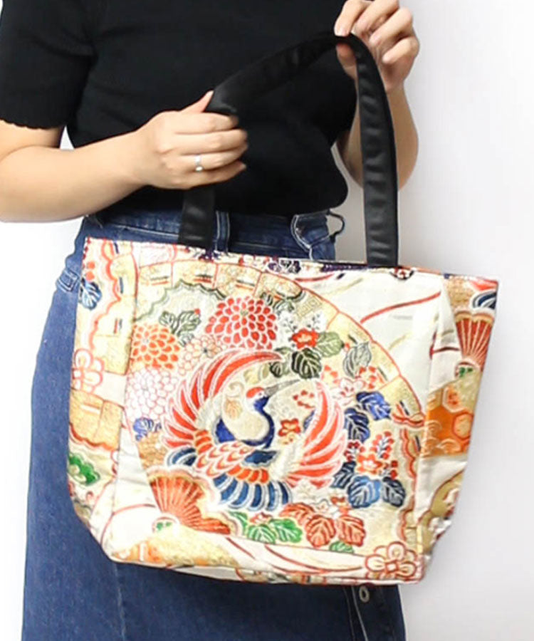 Japanese Tote Bag / Blue Orange Vintage Kimono Obi Bag