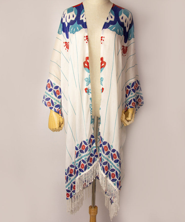 White Floral Print Fringe Boho Kimono Cardigan