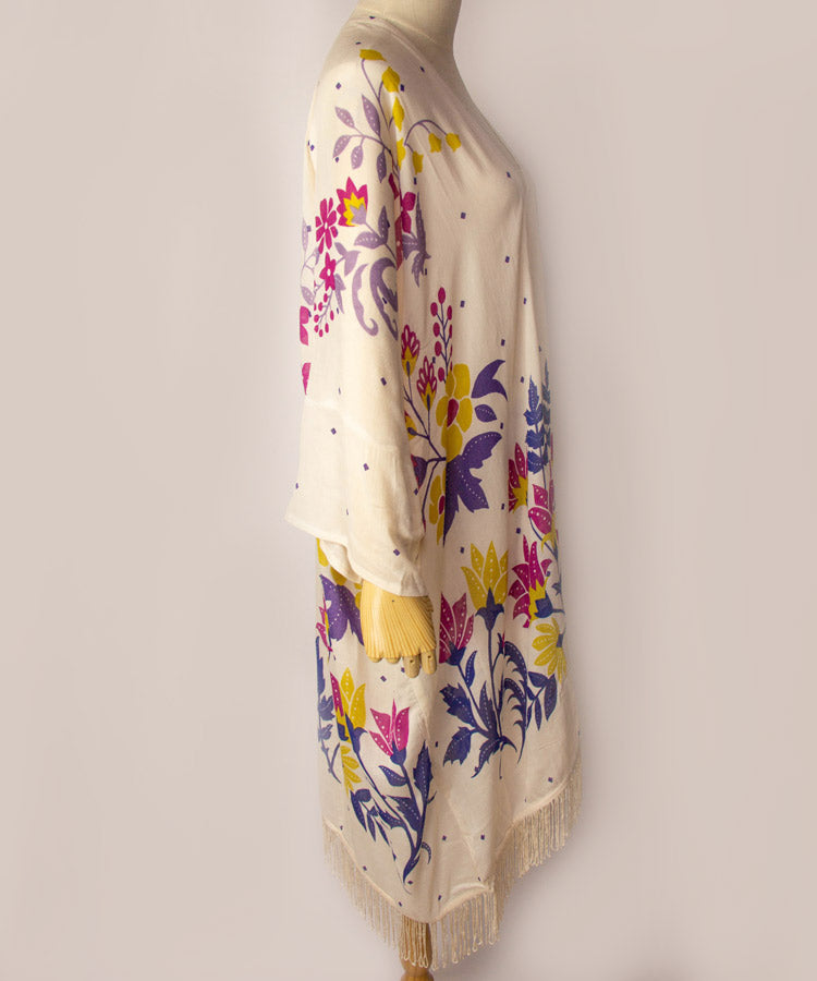 Light Beige Floral Fringe Boho Kimono Cardigan