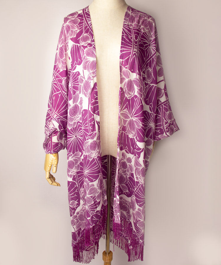 Purple Lotus Fringe Boho Kimono Cardigan