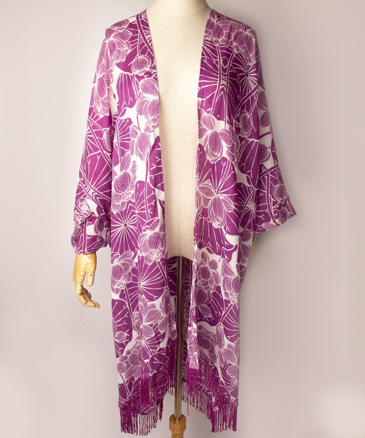 Blue Lotus Fringe Boho Kimono Cardigan