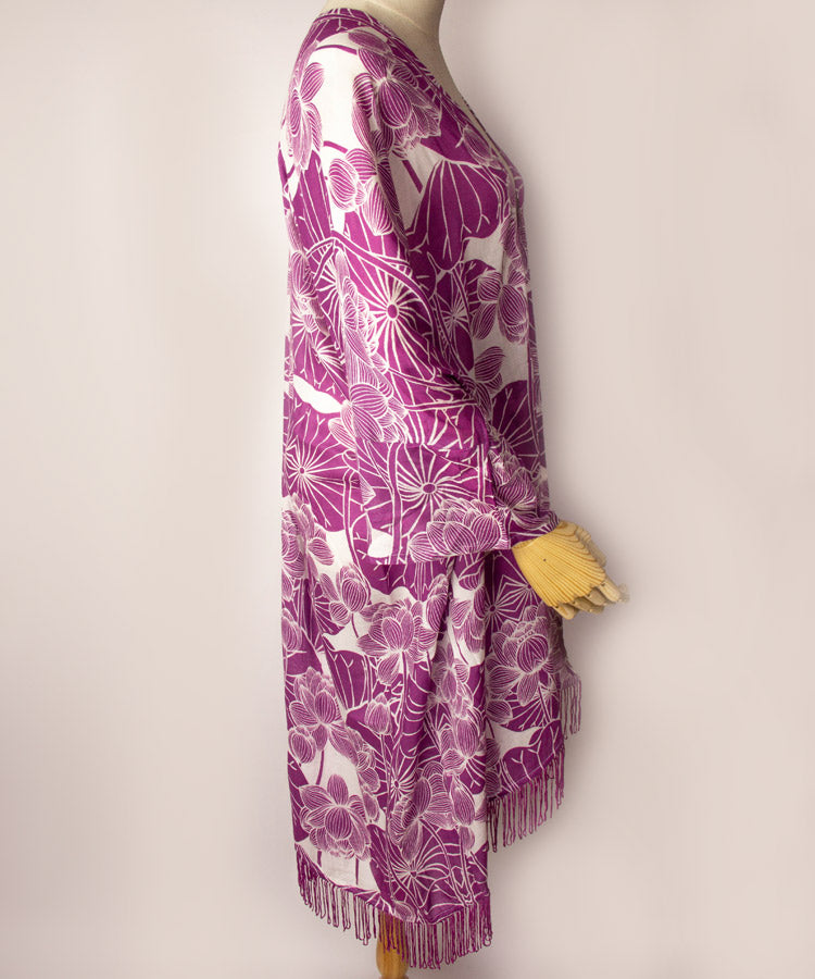 Purple Lotus Fringe Boho Kimono Cardigan