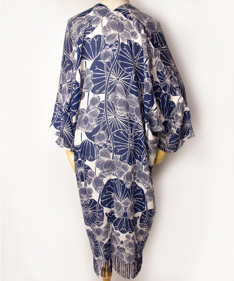 Blue Lotus Fringe Boho Kimono Cardigan