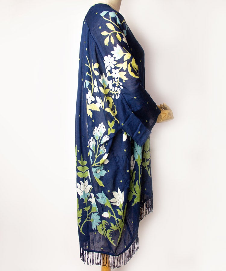 Navy Floral Fringe Boho Kimono Cardigan