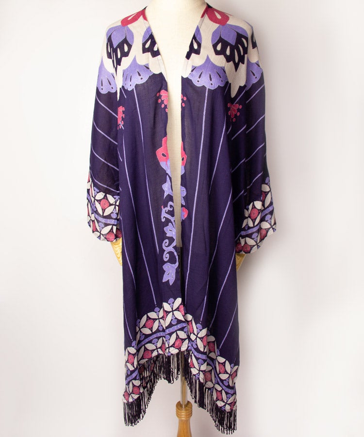 Violet Floral Print Fringe Boho Kimono Cardigan