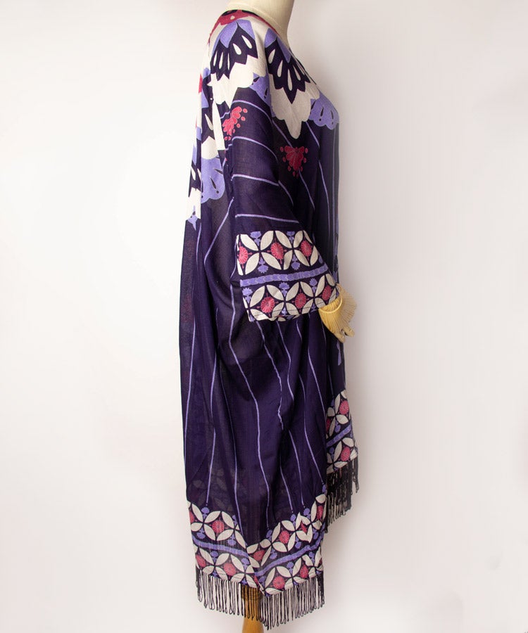 Violet Floral Print Fringe Boho Kimono Cardigan