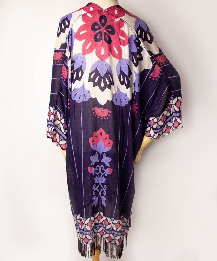Violet Floral Print Fringe Boho Kimono Cardigan