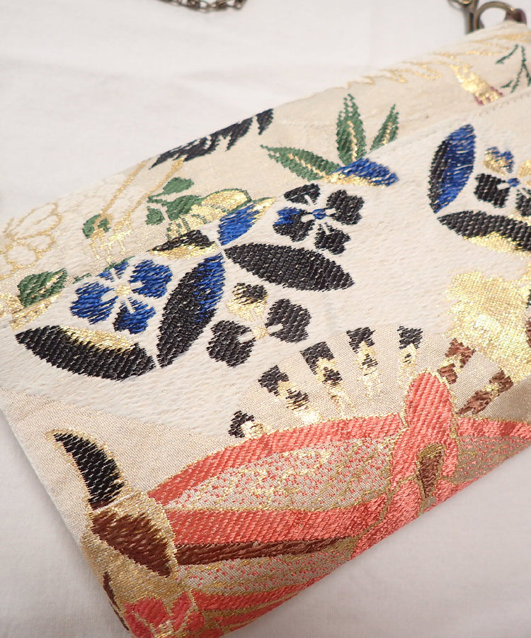 Beige Base Vintage Kimono Obi Detachable Crossbody Bag / White Bird Japanese Shoulder Bag