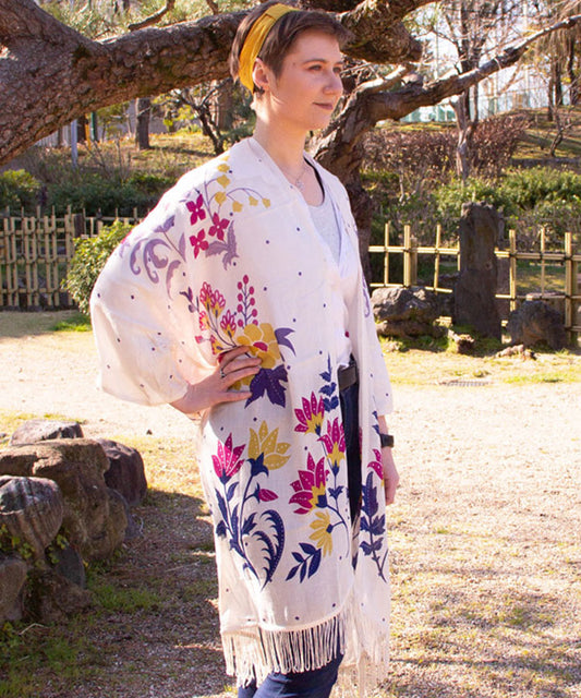 Light Beige Floral Fringe Boho Kimono Cardigan