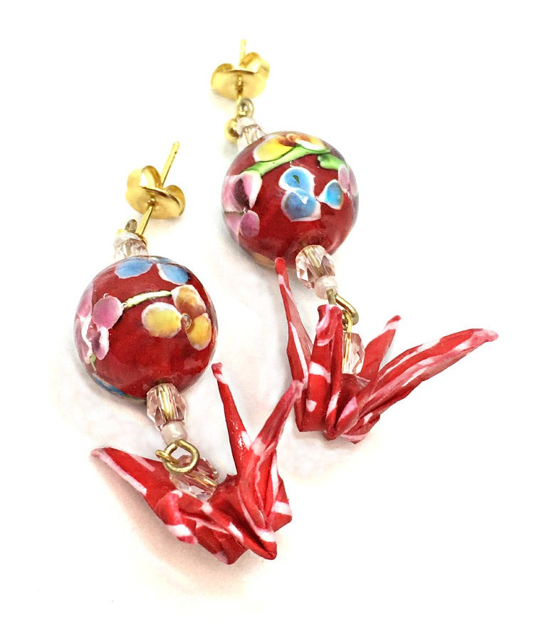 Red Origami Crane Earrings / Glass Bead Japanese Earrings