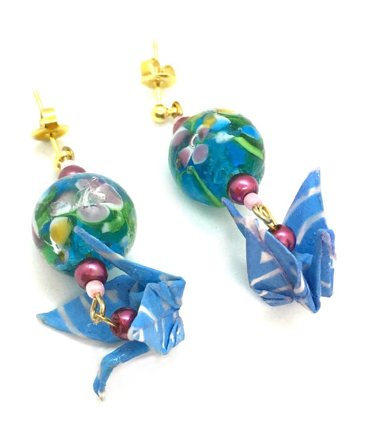 Blue Origami Crane Earrings / Glass Bead Japanese Earrings