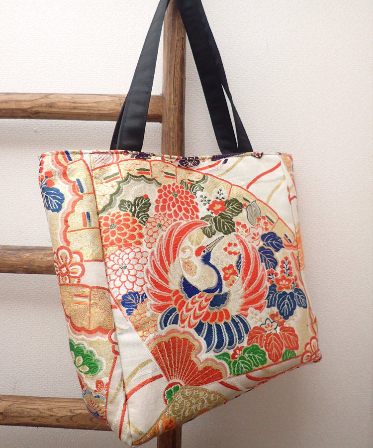 Japanese Tote Bag / Blue Orange Vintage Kimono Obi Bag