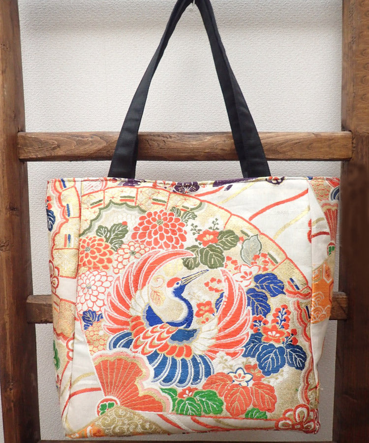 Japanese Tote Bag / Blue Orange Vintage Kimono Obi Bag