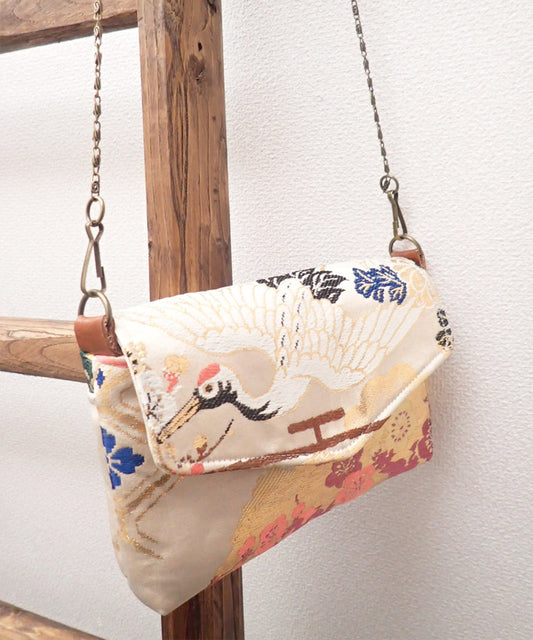 Beige Base Vintage Kimono Obi Detachable Crossbody Bag  / White Bird Japanese Shoulder Bag