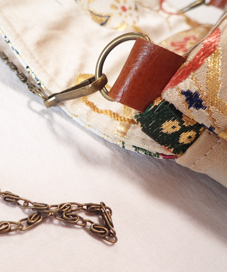 Beige Gold Vintage Kimono Obi Detachable Crossbody Bag  / White Bird Japanese Shoulder Bag
