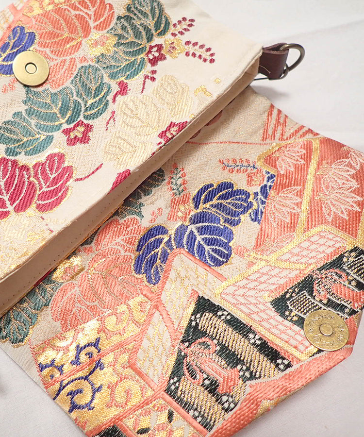 Vintage Kimono Obi Detachable Crossbody Bag  / Orange & Green Bird Japanese Shoulder Bag