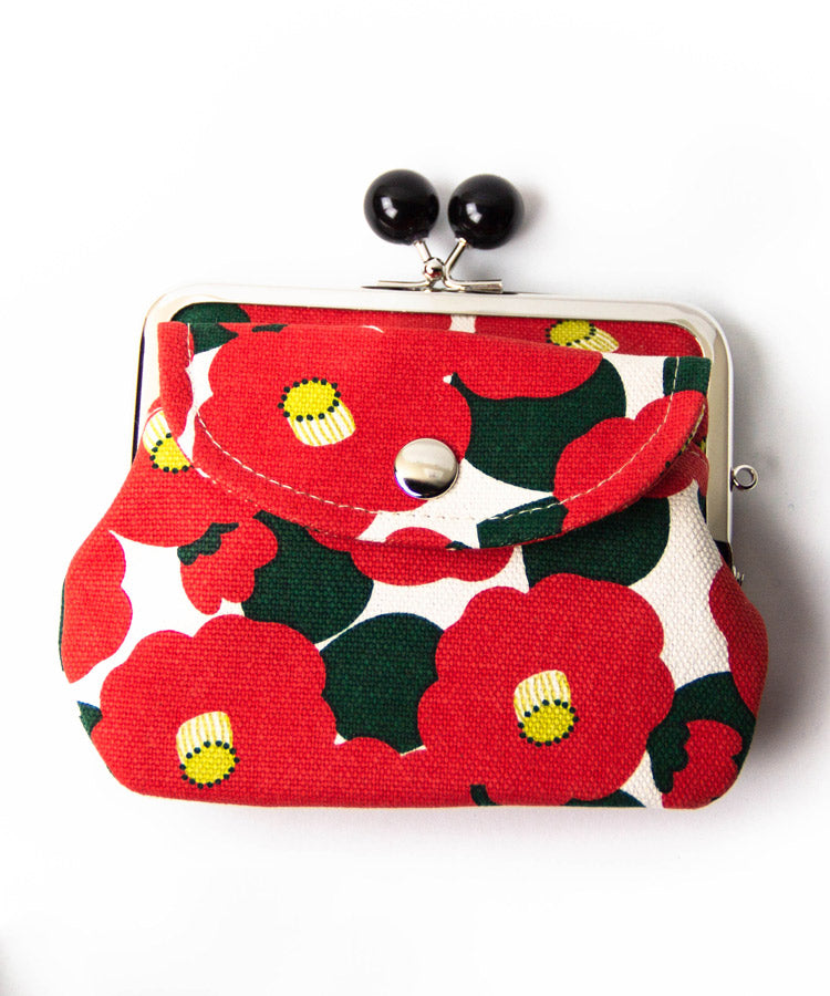 Red Camellia Double Clasp Coin Purse / Gamaguchi Japanese Coin Purse