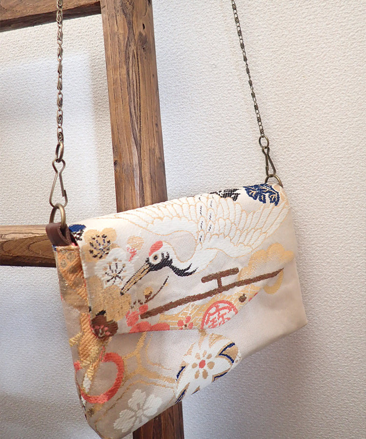 Beige Base Vintage Kimono Obi Detachable Crossbody Bag / White Bird Japanese Shoulder Bag
