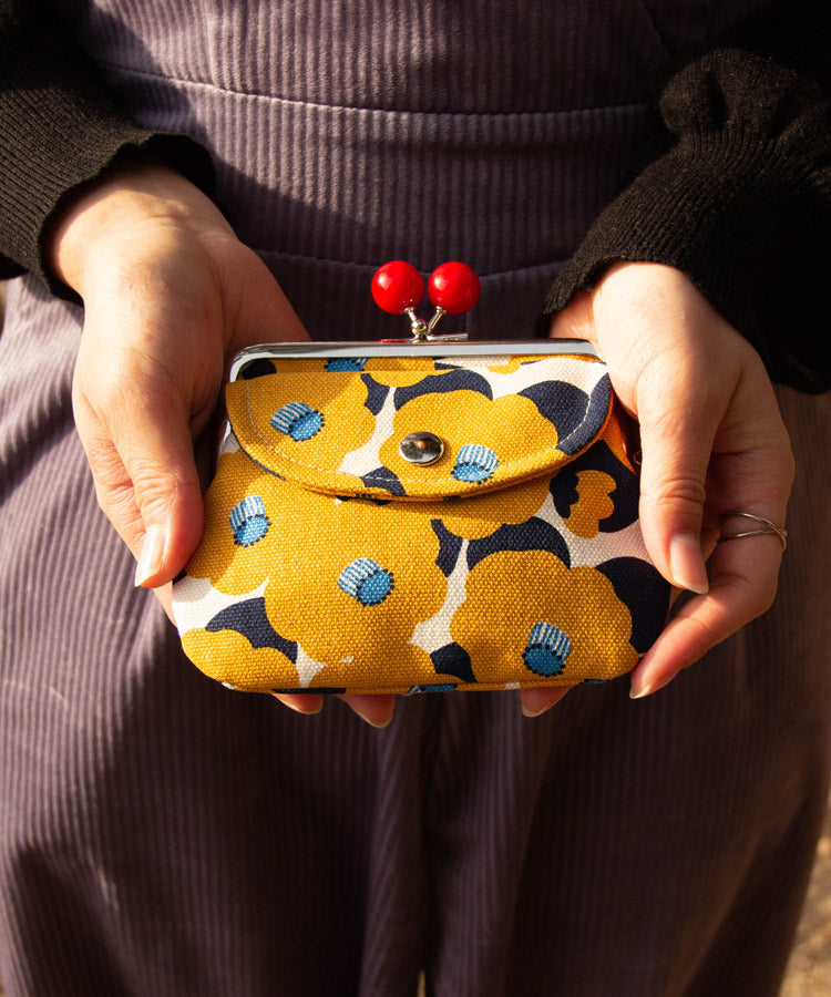 Yellow Camellia Double Clasp Coin Purse / Gamaguchi Japanese Coin Purse